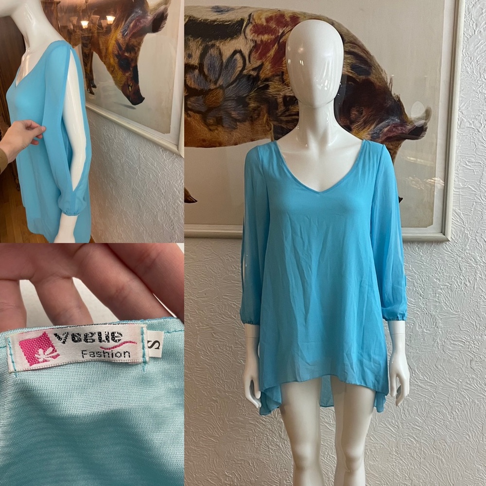 Rare Vogue Fashion Sheer Blue Blouse Shirt Top Size Small